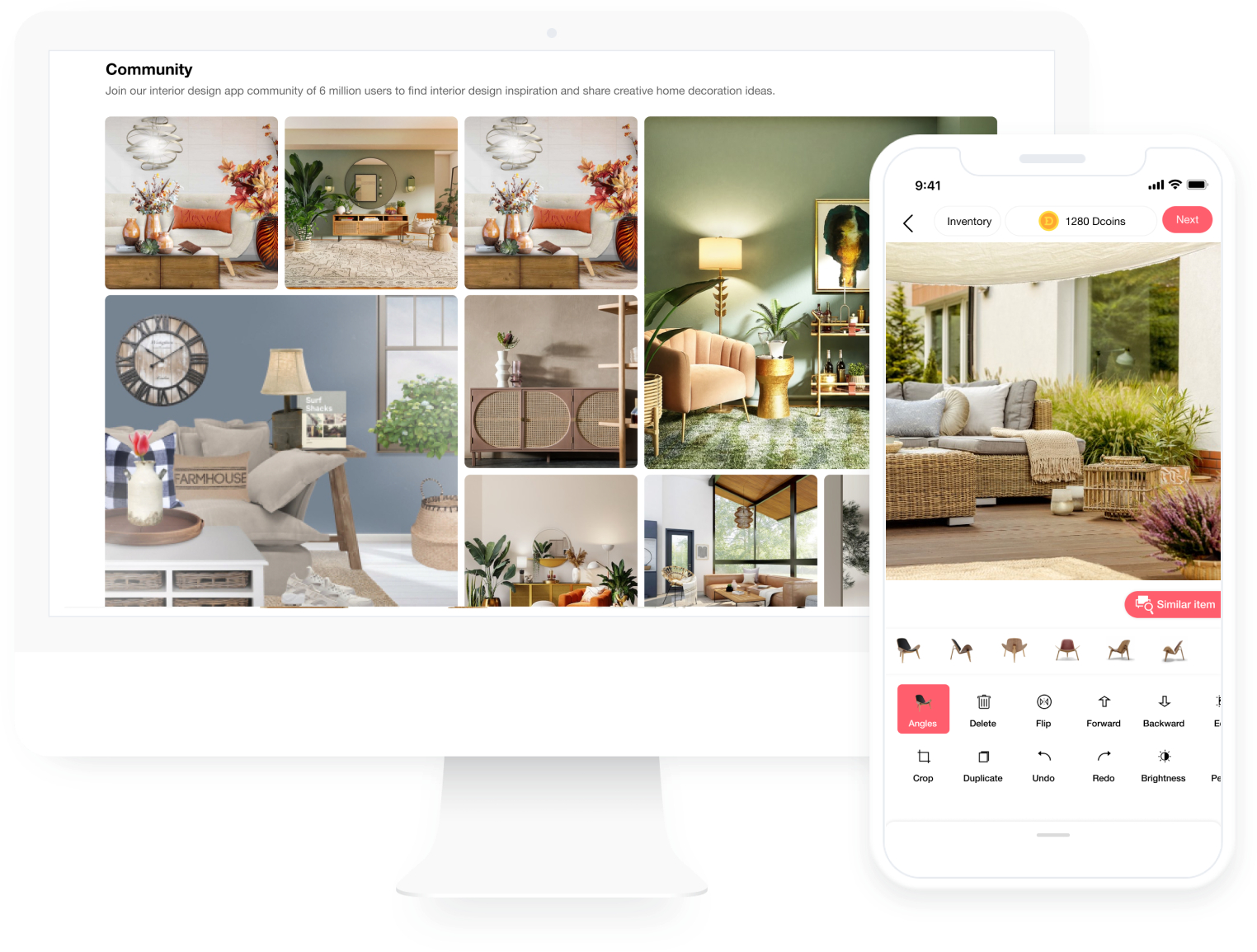 Patio layout app arranging outdoor furniture, rugs, lighting, and greenery