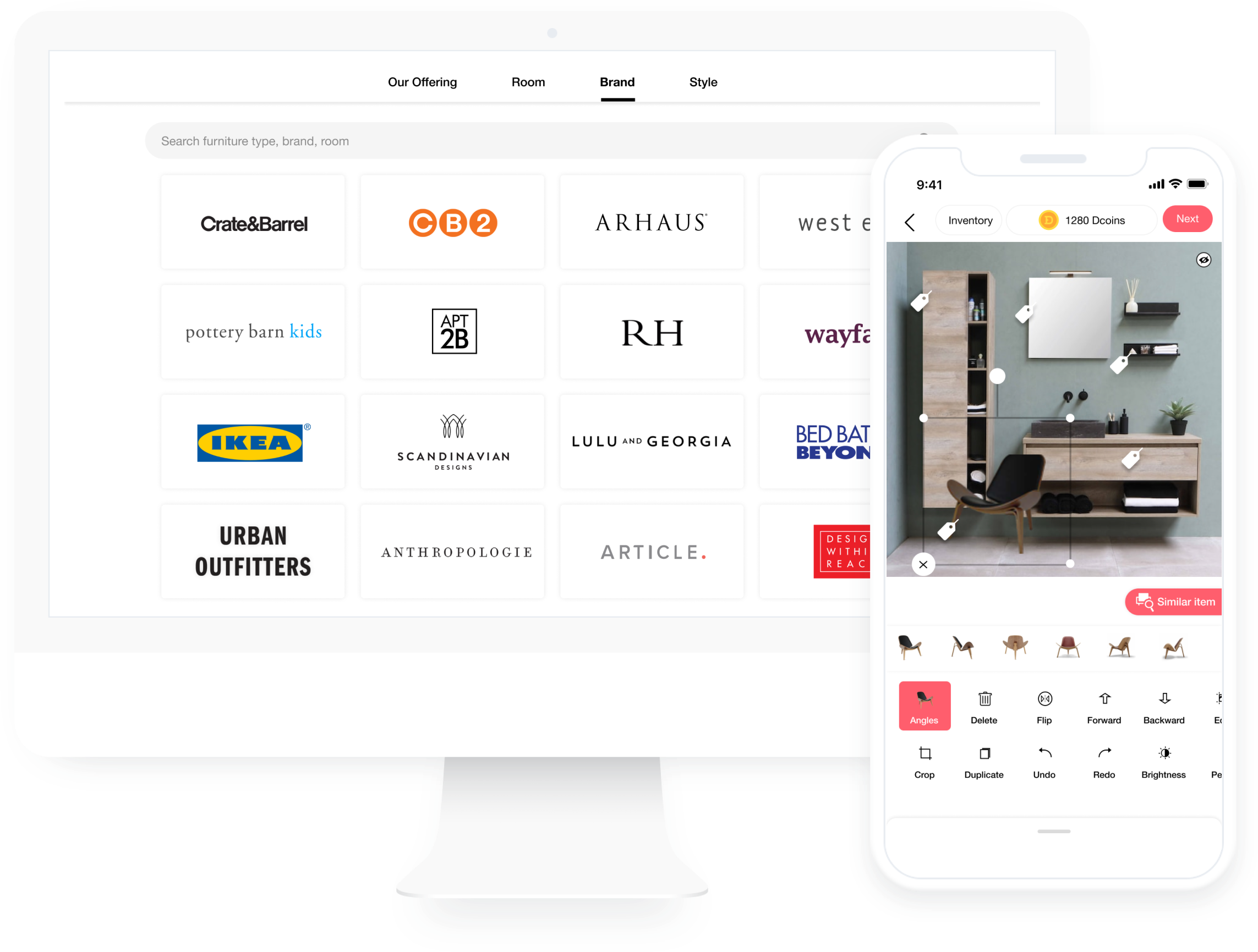 Virtual bathroom mockup with vanity, tile, lighting, and decor options from bathroom design app