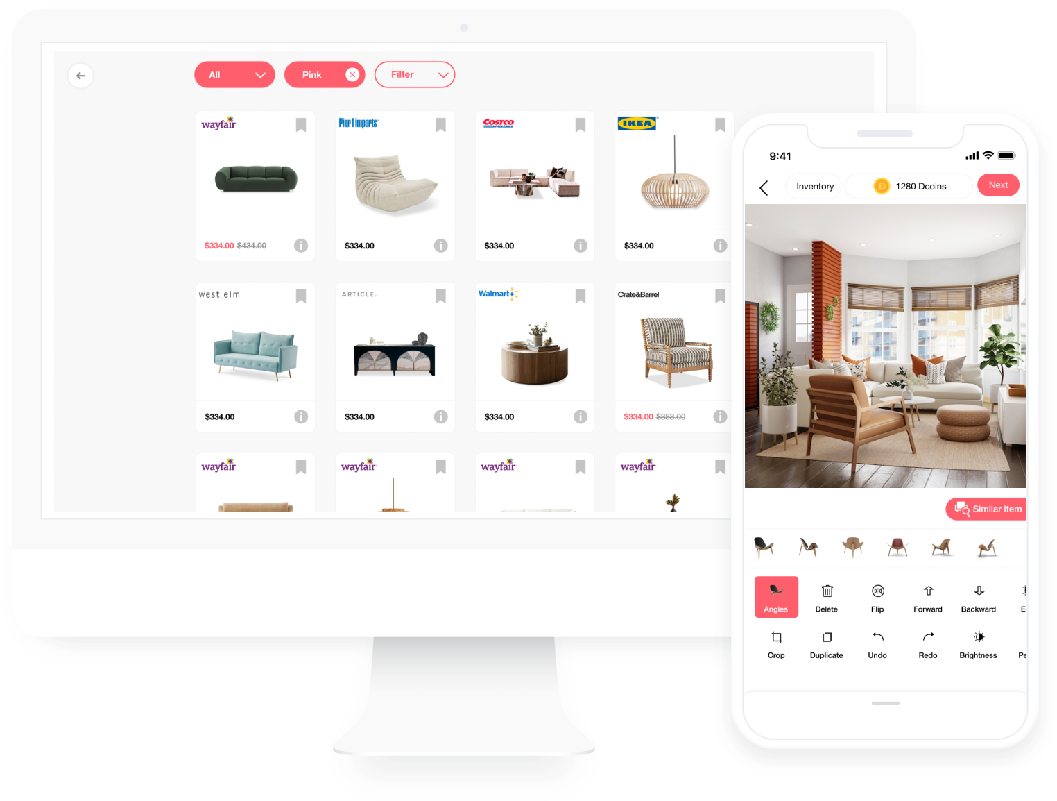 Living room planner app showing layout customization