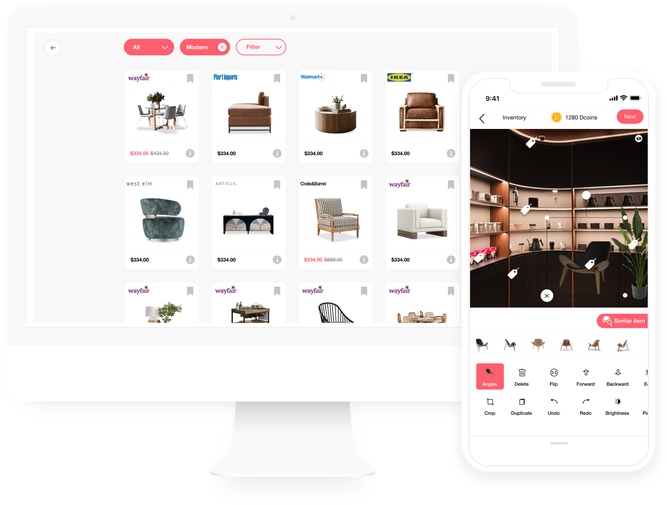 Mobile app screen showing virtual room planner and furniture layout tools in use