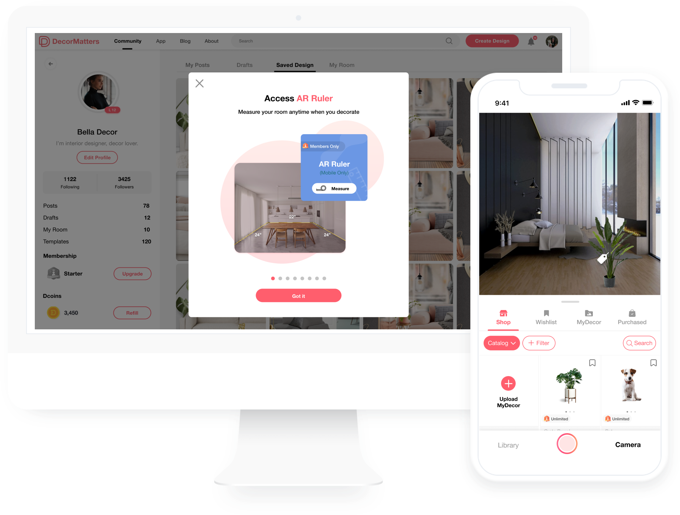 Using augmented reality in a bedroom layout app to preview furniture and decor placement virtually.