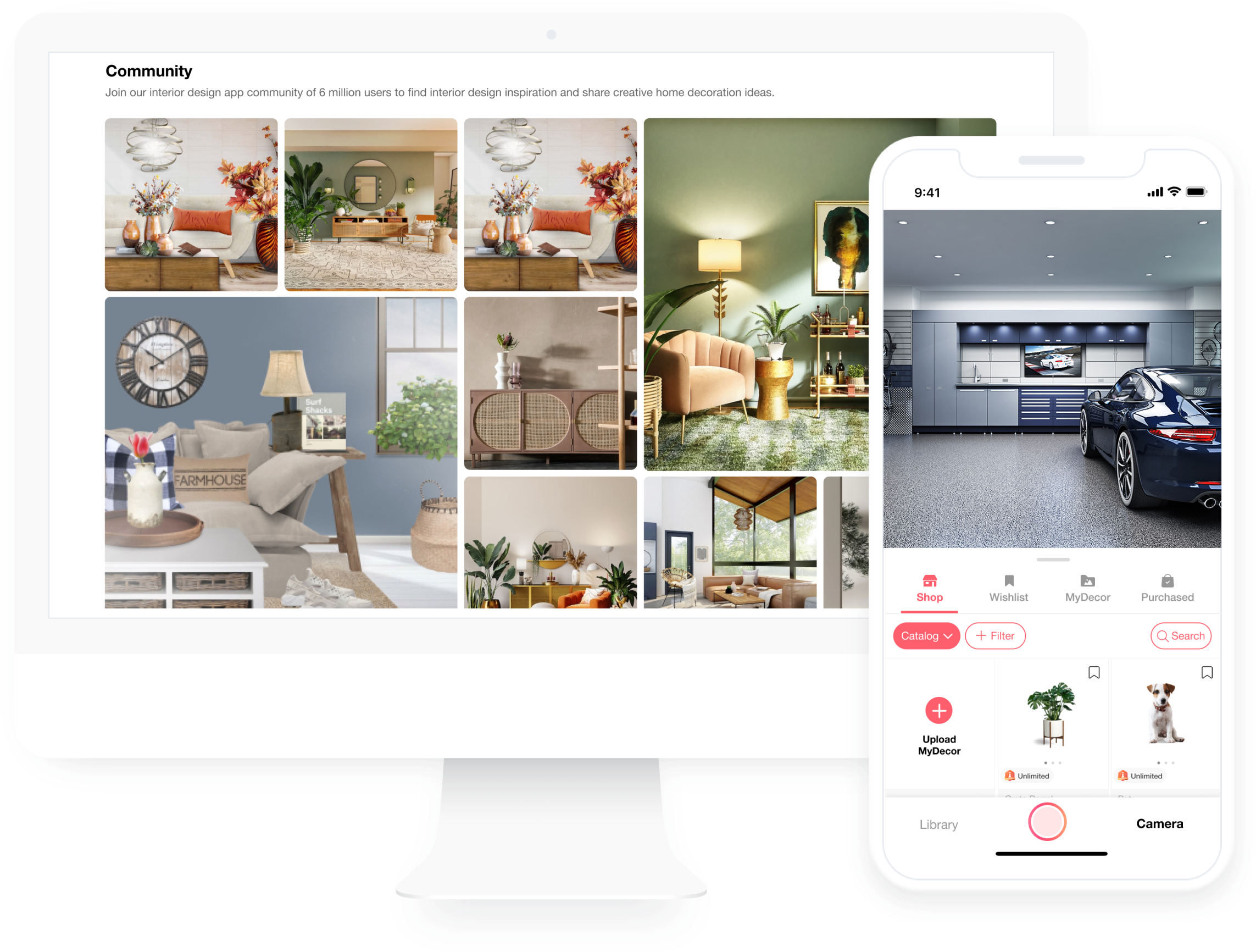 DecorMatters app interface showing garage, kitchen, and bathroom designs with top-rated home design features