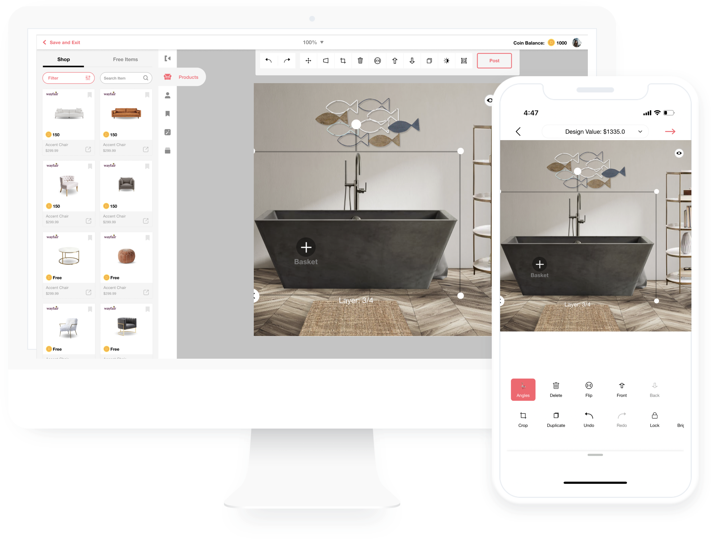 Bathroom layout visualization on mobile app showing affordable decor and smart planning tools