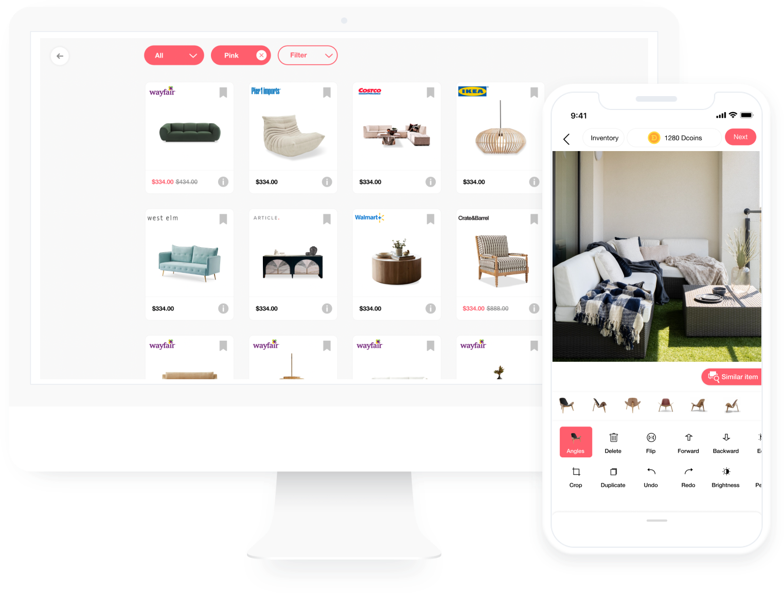 Virtual patio design preview with products from IKEA, Pottery Barn, and World Market