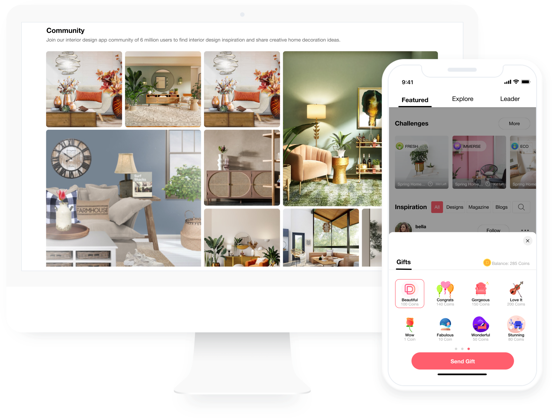 Virtual room planner app displaying real furniture and decor items available for purchase