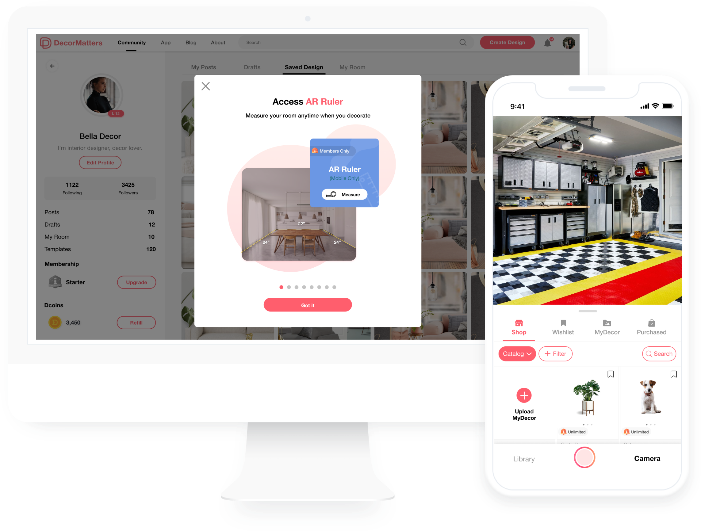 AR garage planner tools with virtual furniture, wishlist, and saved layouts on the DecorMatters design app