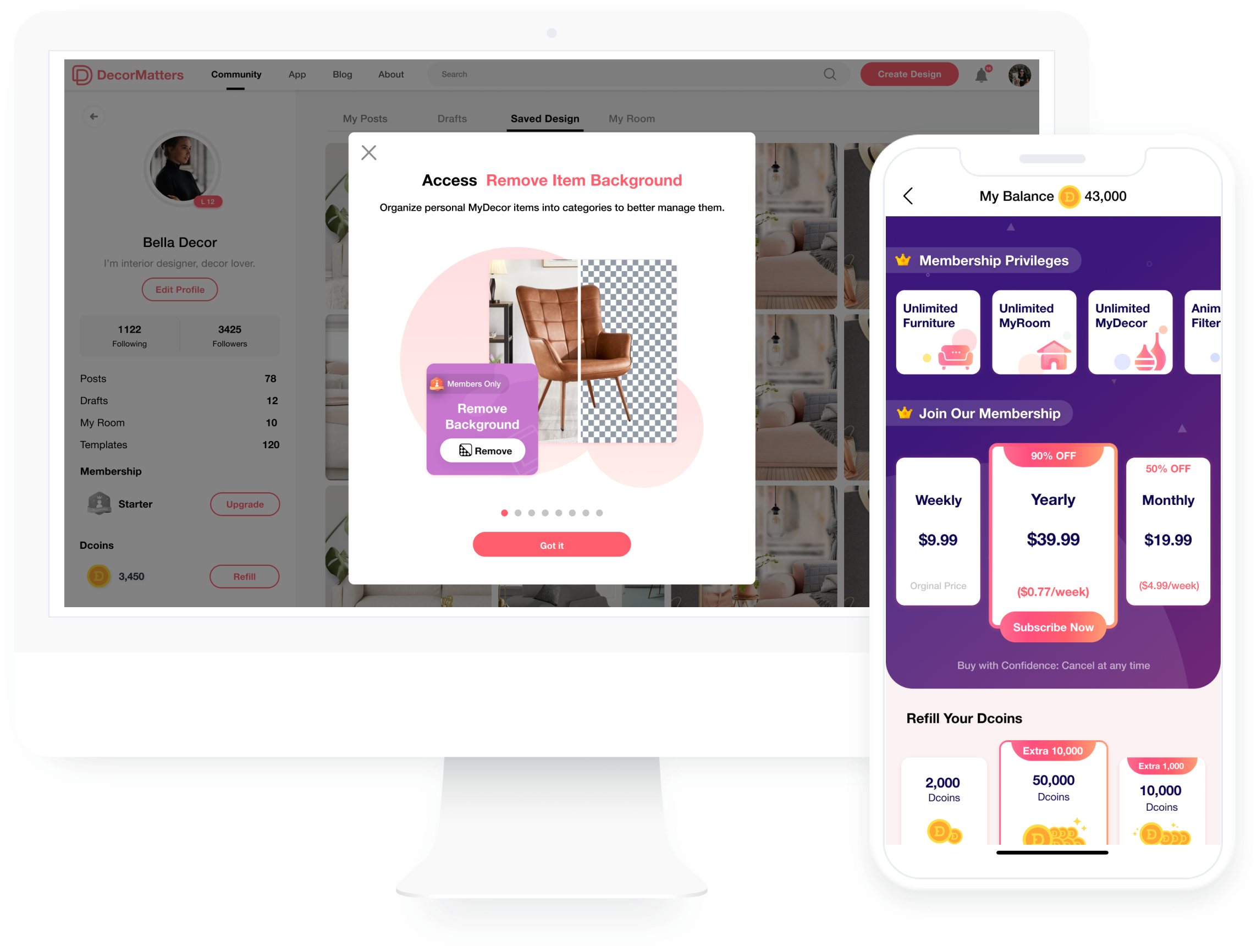 Premium bathroom design tools in app, including AR view and lighting filters for virtual decorating