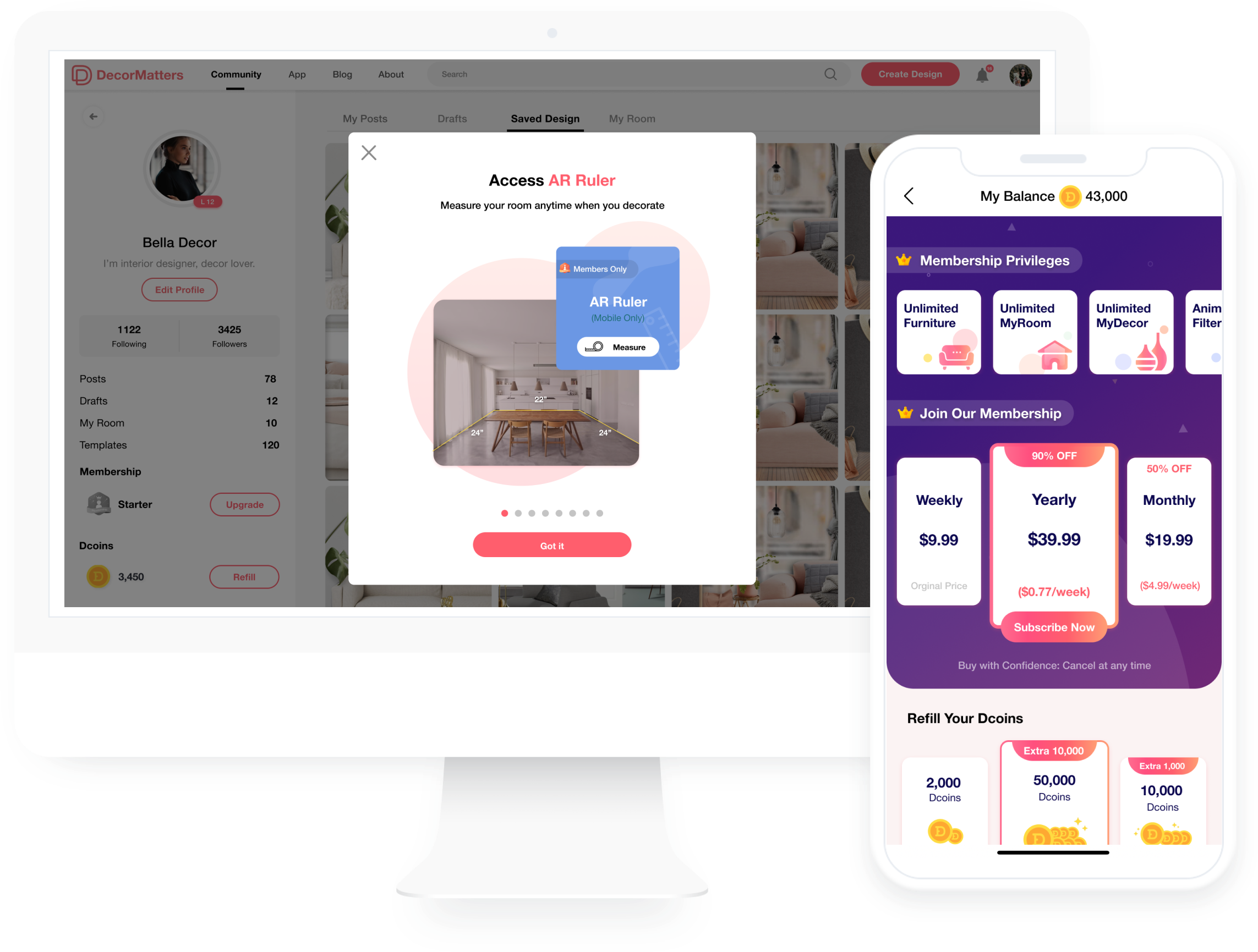 Unlock premium features in the DecorMatters kitchen interior design app for accurate virtual kitchen planning and augmented reality tools