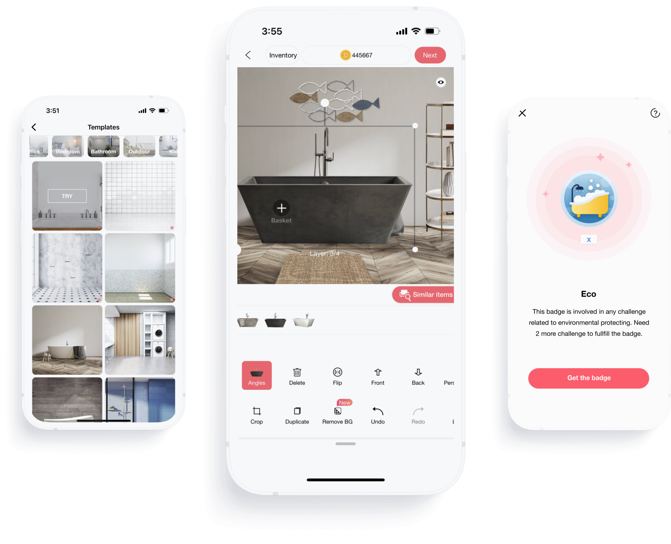 Smartphone displaying virtual bathroom makeover created using DecorMatters design app