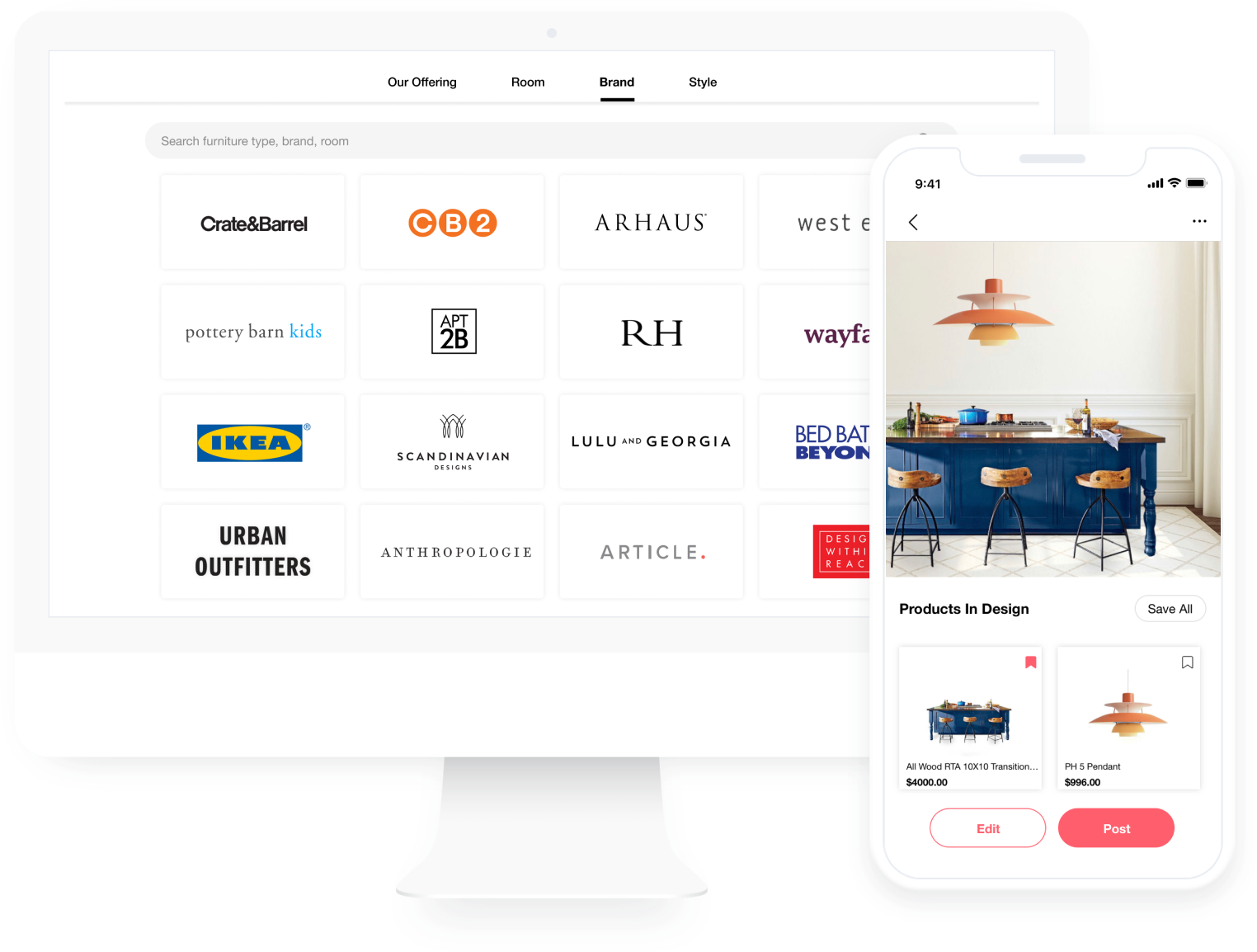 office desk and storage furniture selected from a product catalog within the app