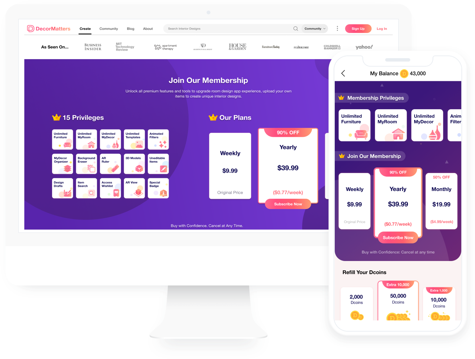 Comparison screen of free and premium office design features in the DecorMatters app